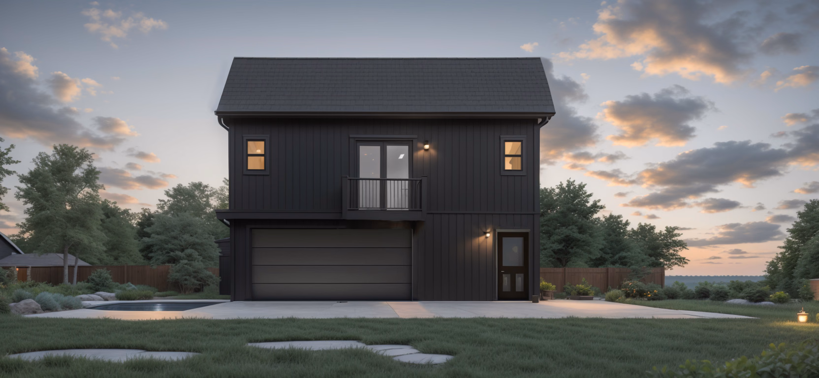 Modern two-story home at dusk, an example project for an ADU construction loan