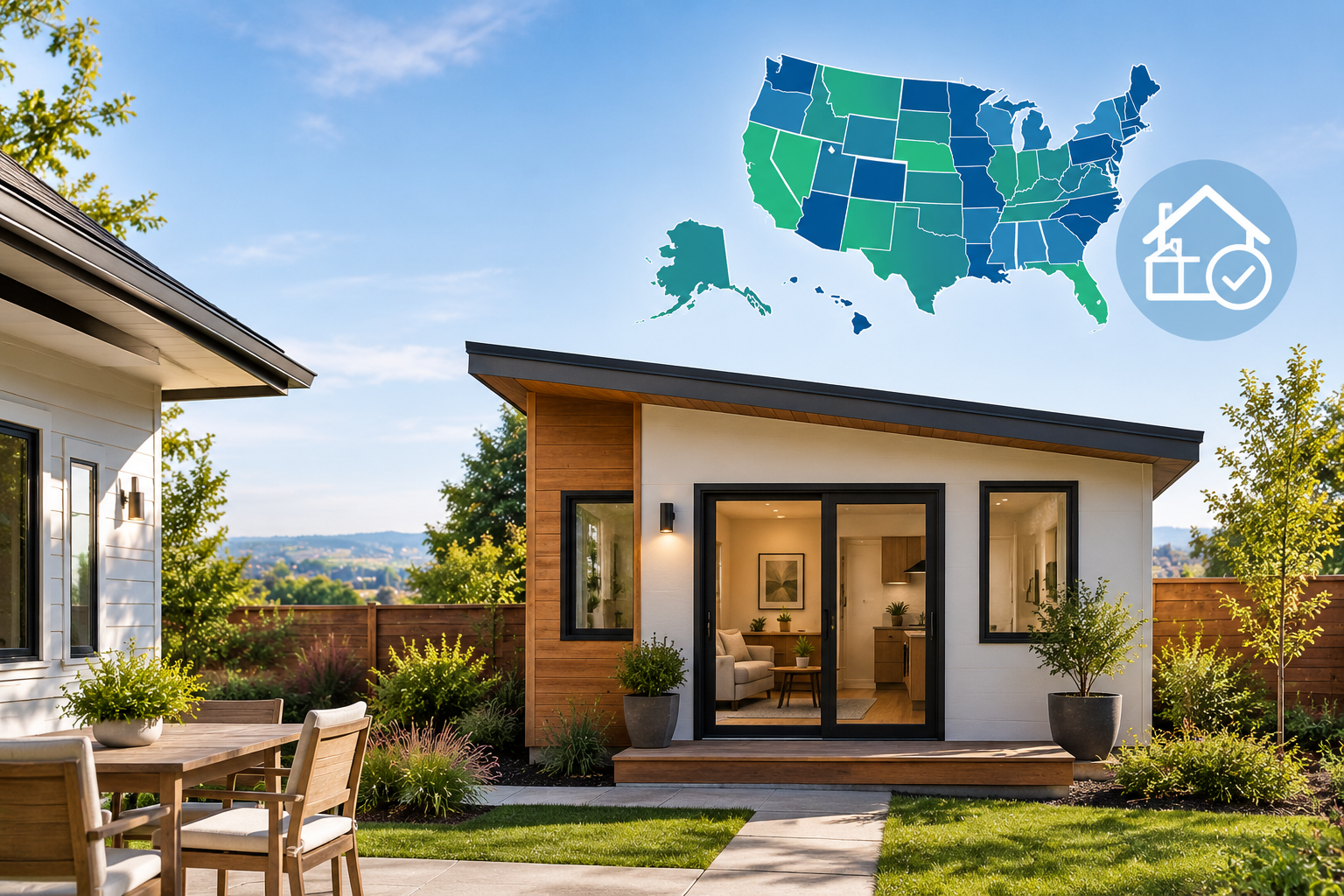 ADU guides illustrated with a modern backyard unit next to a map of the United States