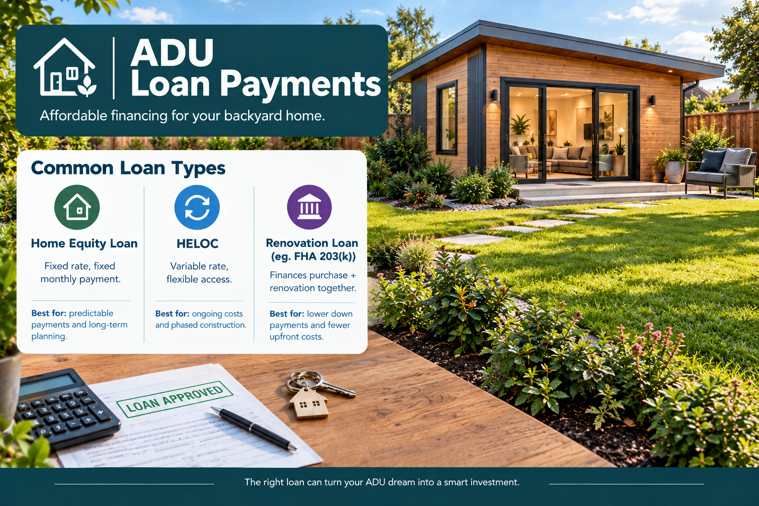 Infographic of ADU loan payments by loan type beside a backyard ADU