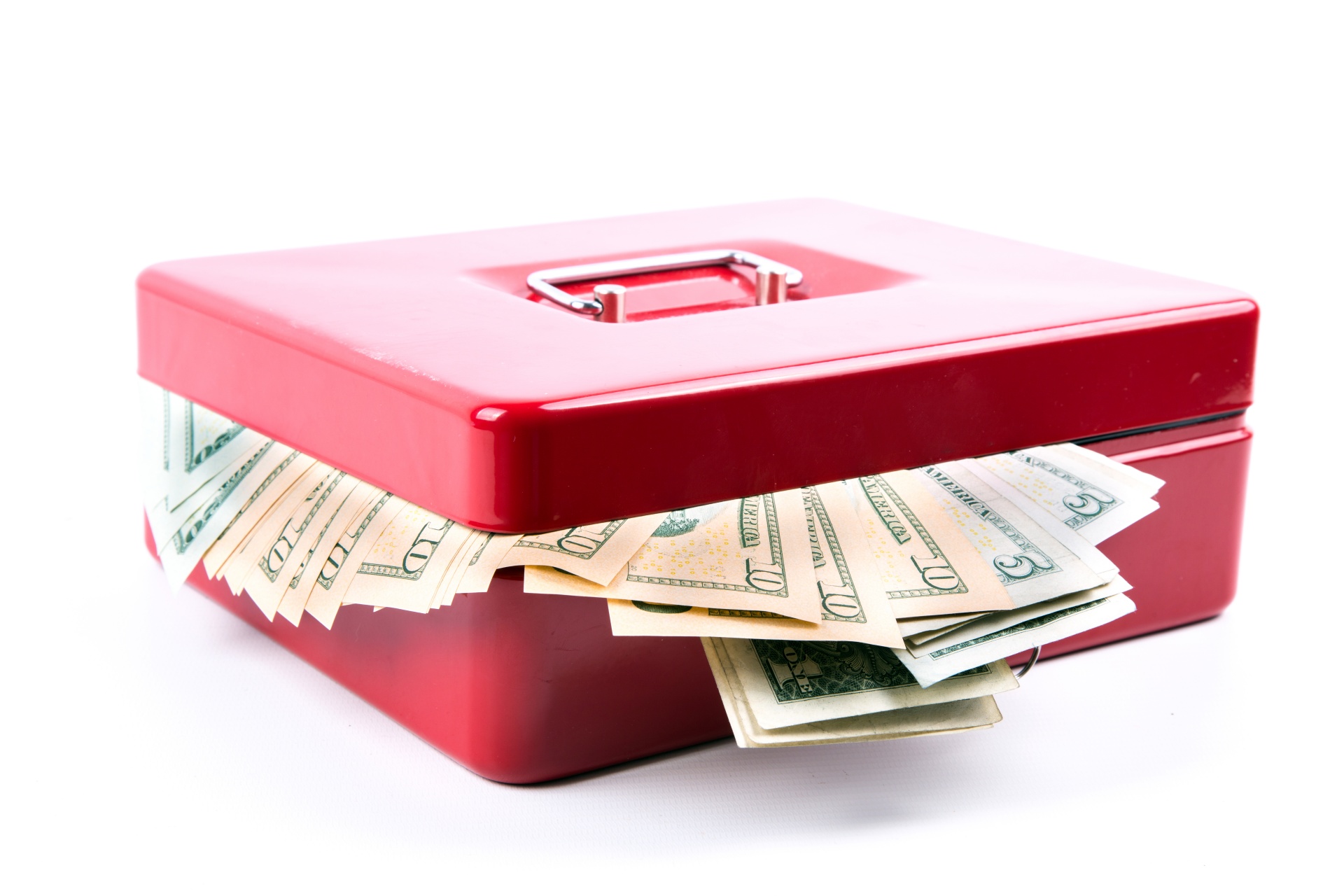 Red cash box stuffed with bills illustrating a cash-out refinance vs HELOC choice