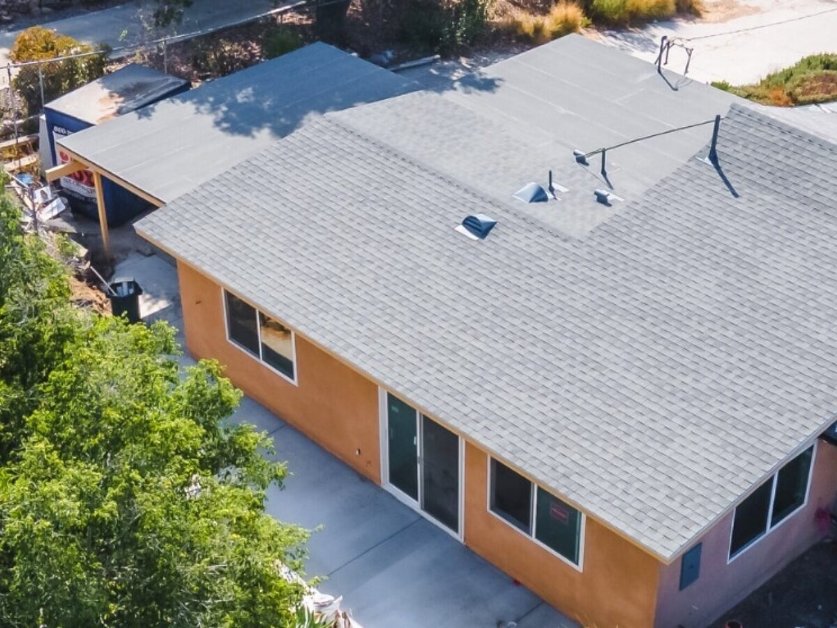 Aerial view of a single-family home roof where a HELOC for an ADU could fund a backyard unit