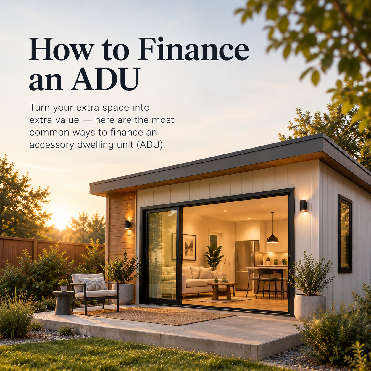 Modern backyard ADU with glass doors at golden hour, titled how to finance an ADU