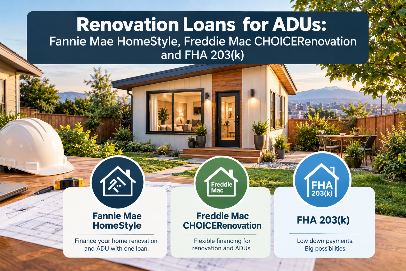 Infographic of an ADU renovation loan comparing Fannie Mae HomeStyle, Freddie Mac CHOICERenovation and FHA 203(k)